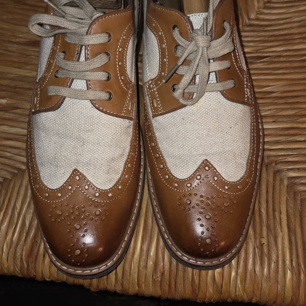Johnston & Murphy Men's Two-Tone Brown Leather & Cream Canvas Wingtip Oxfords